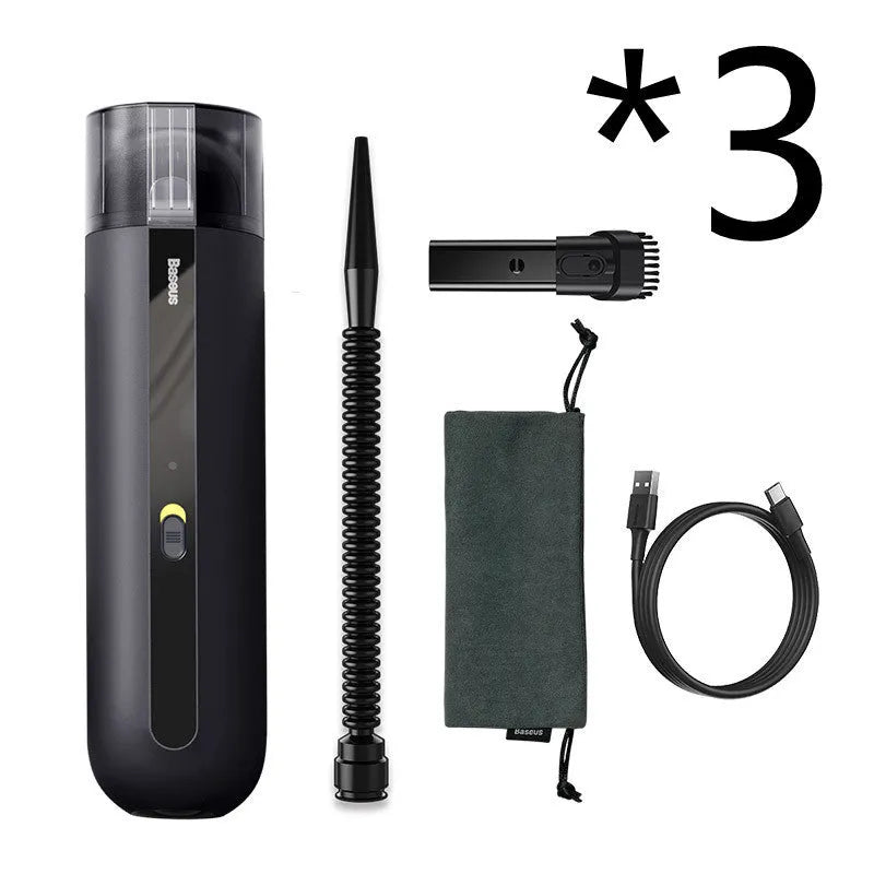 Baseus handheld car vacuum cleaner in black, white, or green next to a dust bin and blowing hose.