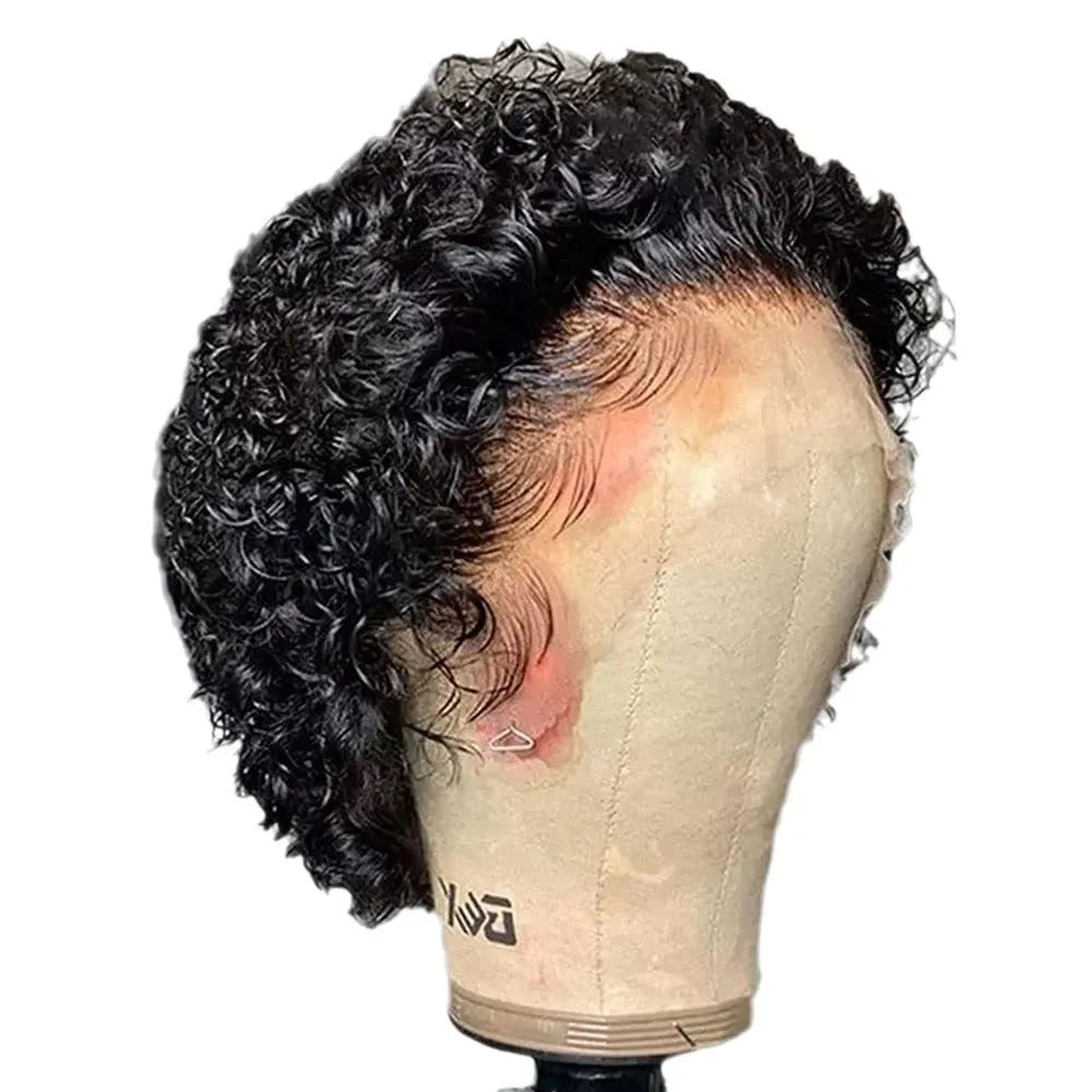 Black human hair lace front wig with pre-plucked 13x1 hairline on a stand, showing natural style.