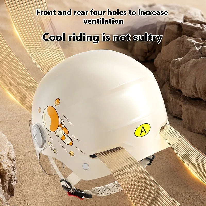 Khaki coloured open-face motorcycle half helmet with a removable tinted sun visor attached, shown on a white background.