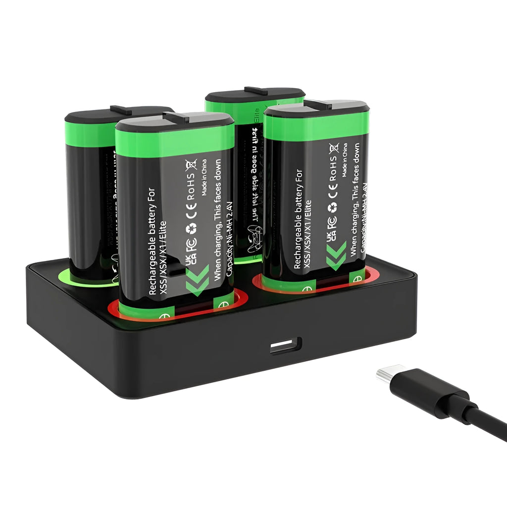Black ABS battery charging base for Xbox One and Xbox Series S X controllers, 147 x 139 x 22 mm