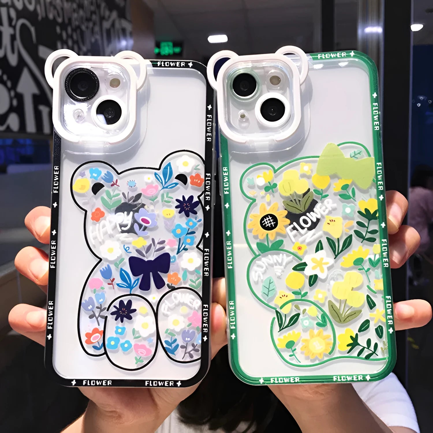 TPU phone case with painted cartoon bear and flower design in black and green for Apple iPhone