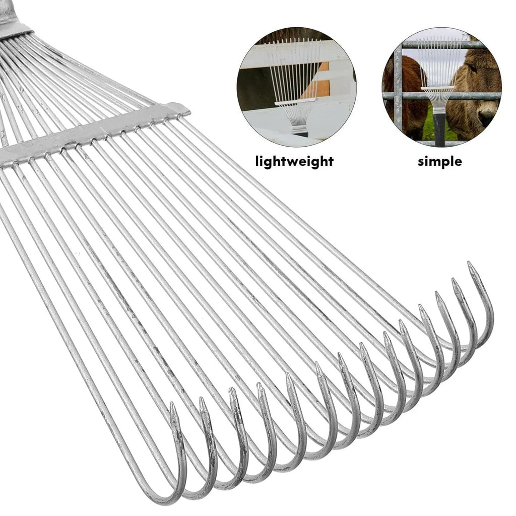 Black stainless steel animal grooming rake comb with curved teeth for horses and dogs.