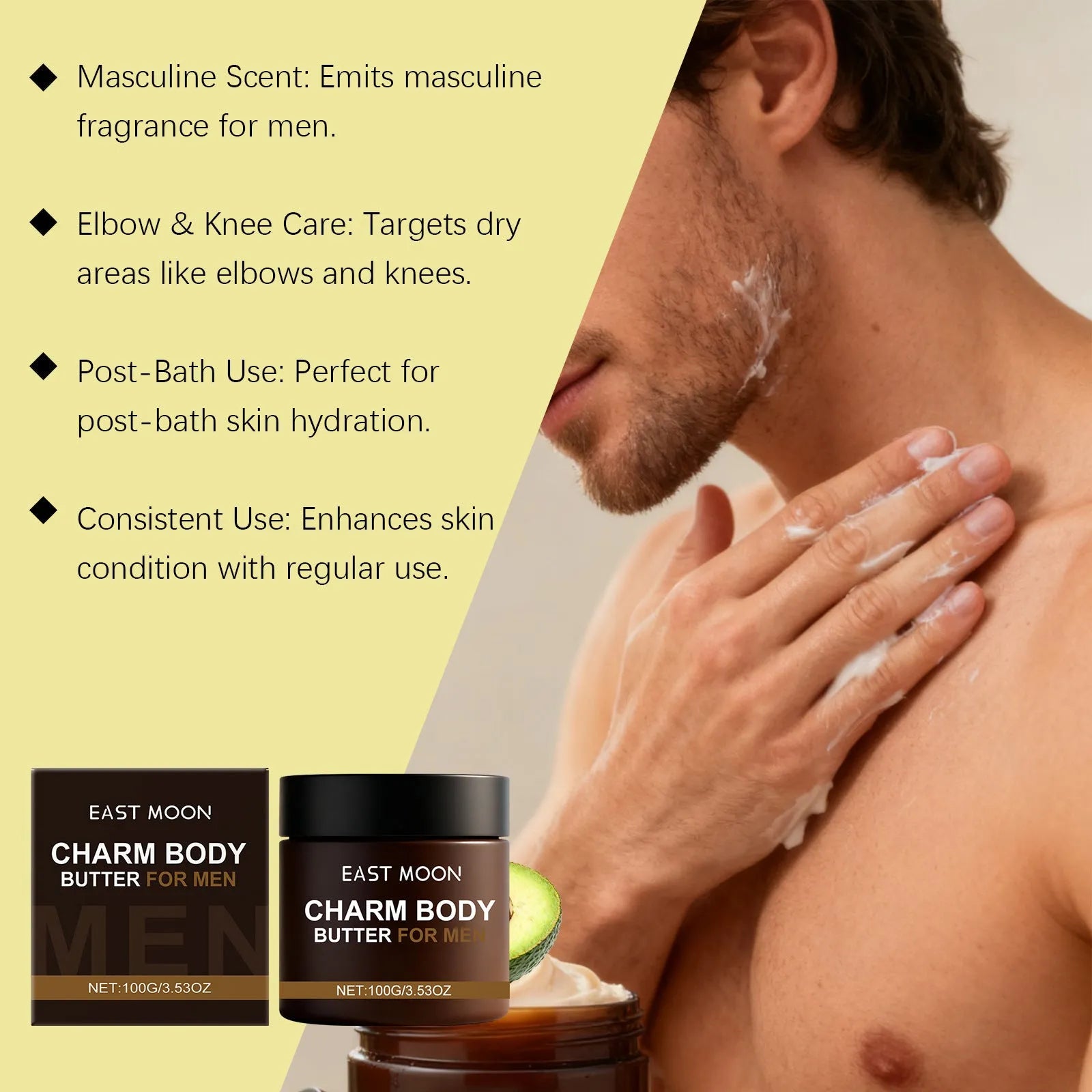 Charm Body Butter For Men 100g white tub with moisturising body milk for male grooming