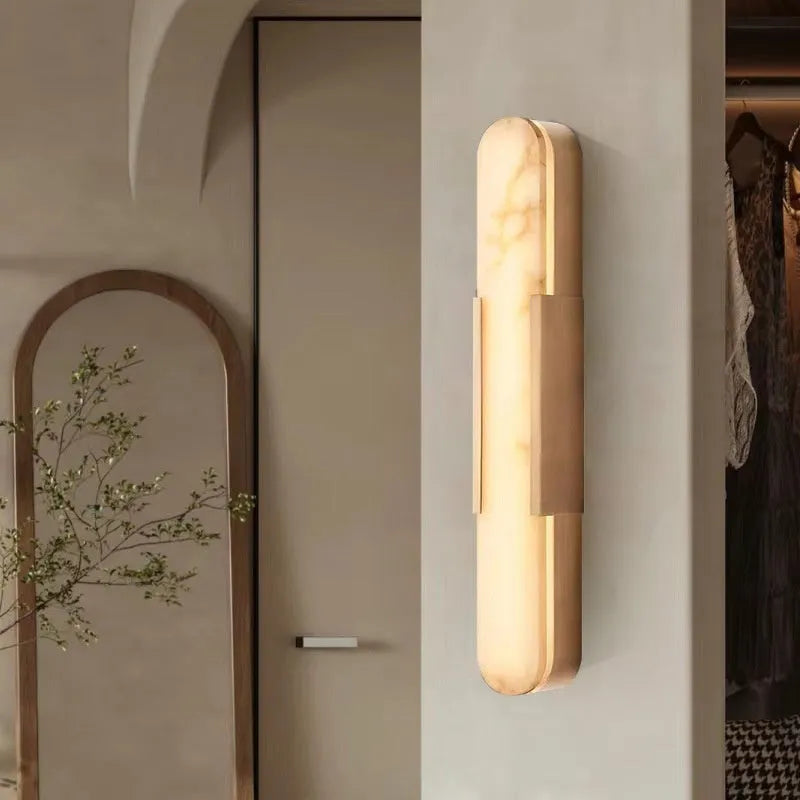 Modern natural marble stone wall lamp with warm LED light, iron body, black finish, 35cm height, mounted on wall