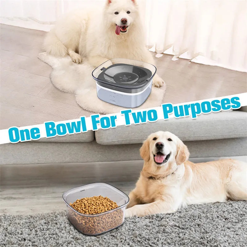 Large transparent pet water bowl with floating slow-feeder disk inside.