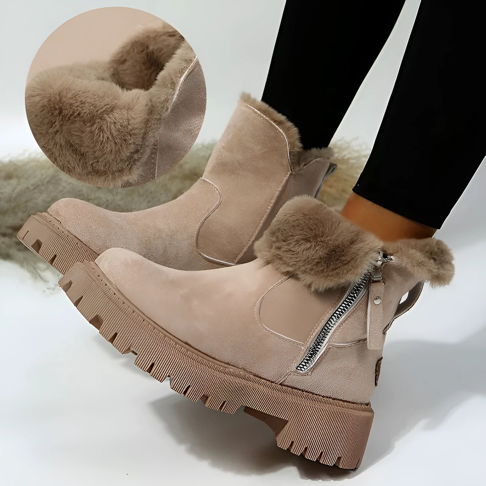 Women's black faux suede high-top snow boot with side zipper on a non-slip rubber sole.