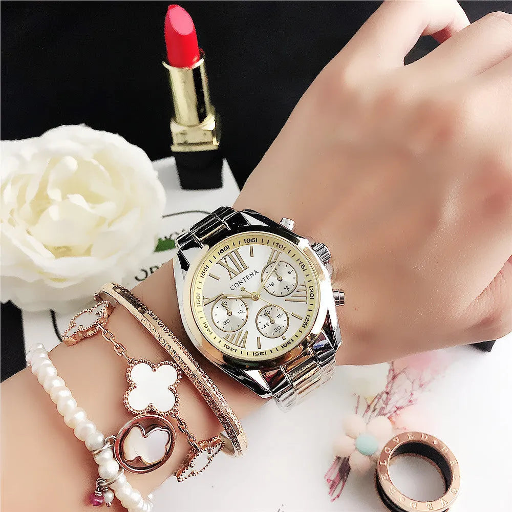 Women's silver rose gold mesh strap watch with diamond quartz movement and 15mm case thickness