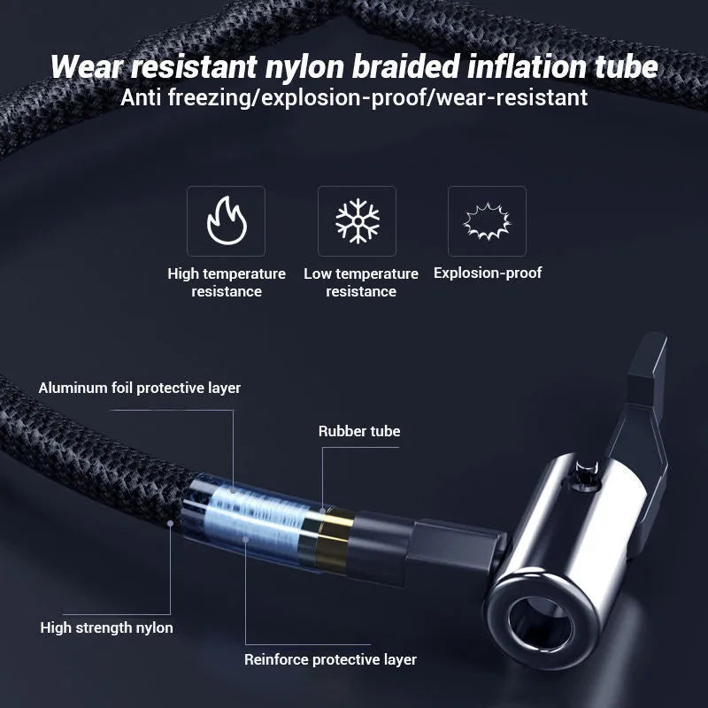 Small black wireless digital tyre inflator pump with screen, hose, and nozzles on a grey background.