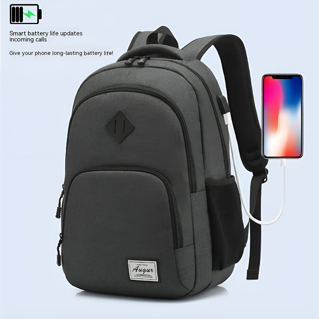 Grey USB charging backpack with dimensions 32cm length 15cm width 46cm height