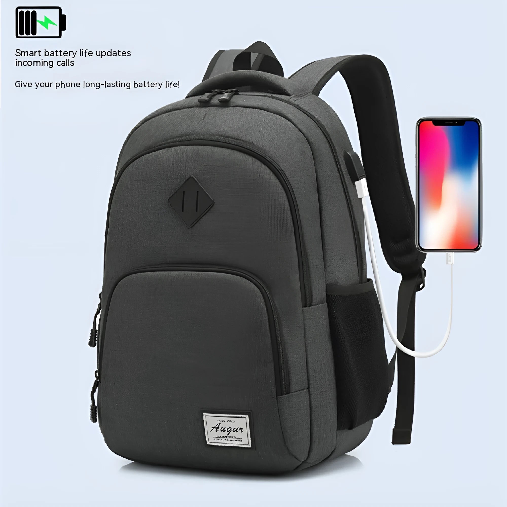 Grey USB charging backpack with dimensions 32cm length 15cm width 46cm height