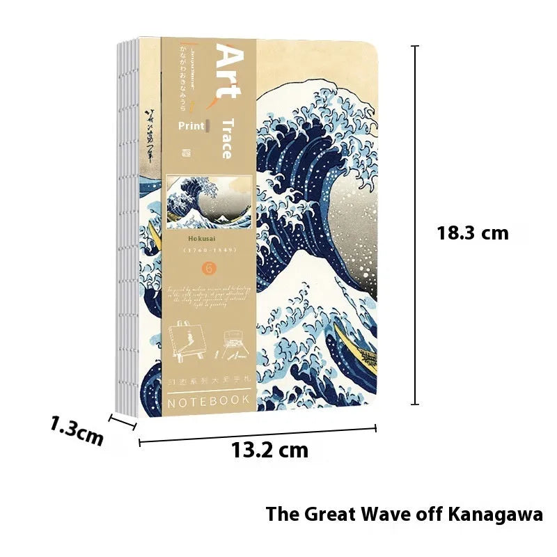 Ukiyo-e art hand ledger notebook open showing retro Japanese wave print cover and lined Daolin paper pages.