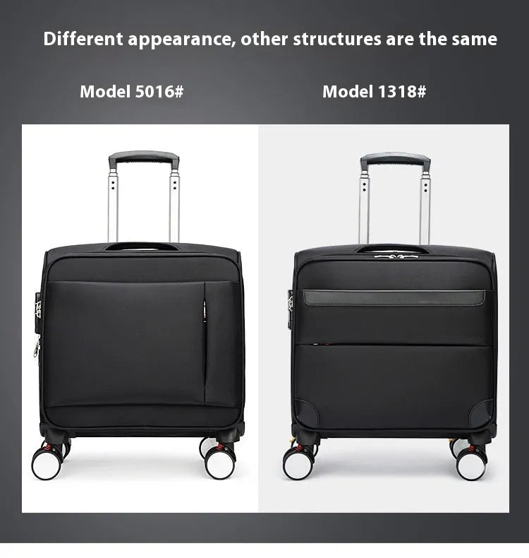 18-inch black Oxford cloth carry-on suitcase with telescopic handle and four spinner wheels.