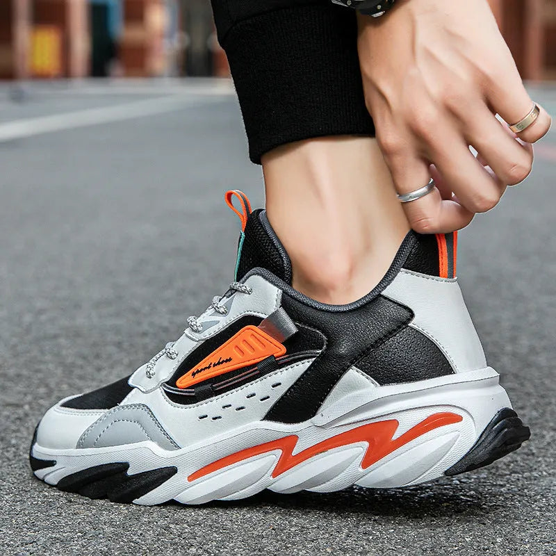 Men's PU leather sports casual shoes in green or orange with colour matching, sizes 39 to 44