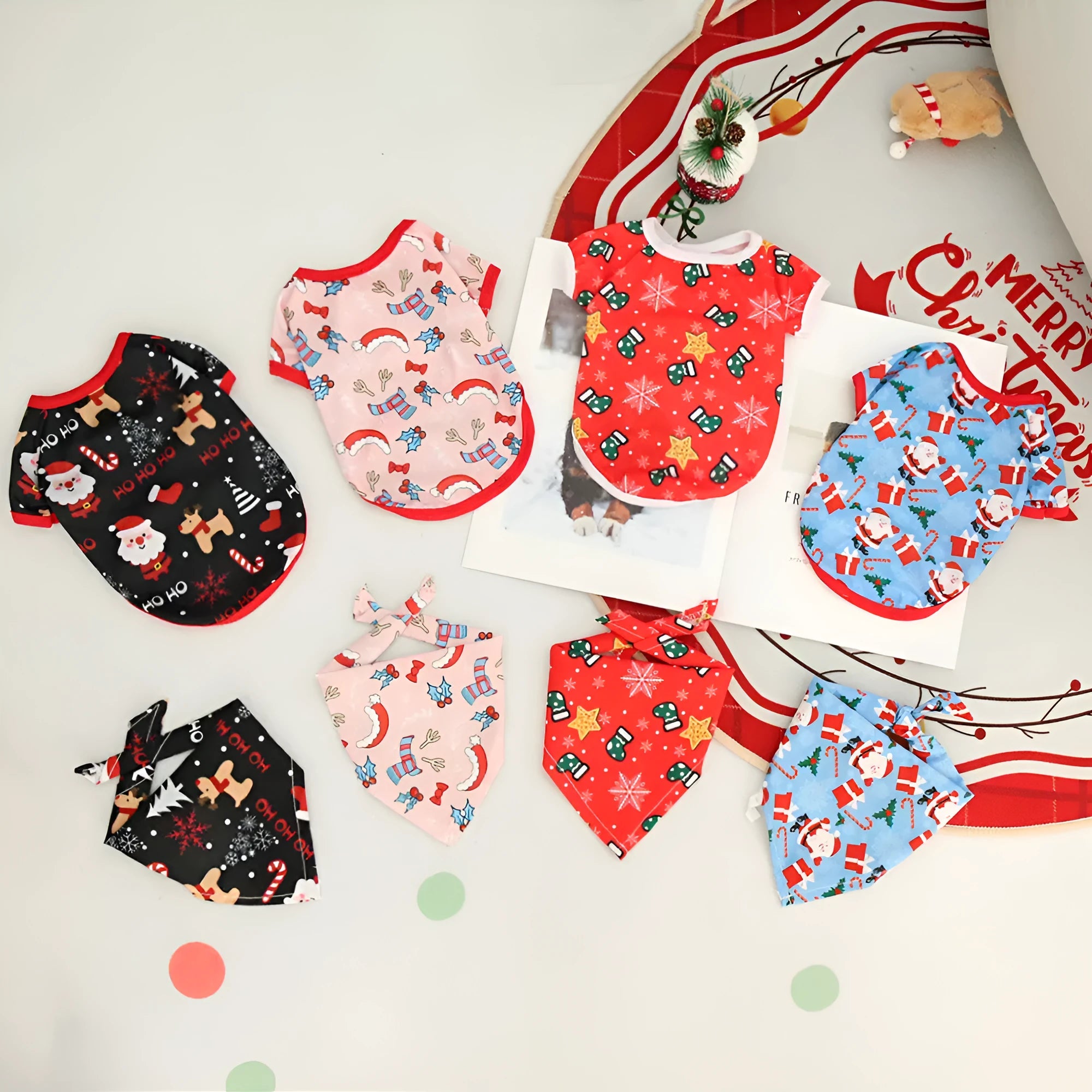 Pet clothing for cats and dogs in white moose design polyester fabric, shown on a white background