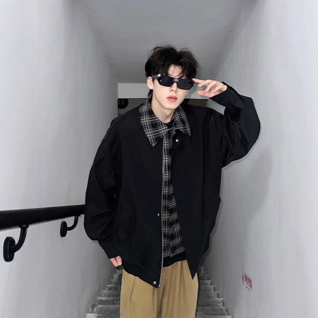 Men's fake two-piece jacket in black or brown, loose fit, long sleeves, side seam pockets, polyester