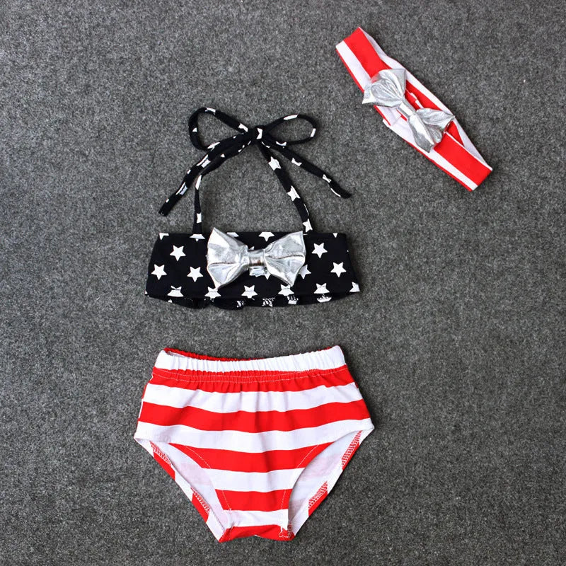 Girls' XINGX bowknot three-piece swimsuit in milk silk and polyester, colour CC00734, sizes 90-130 yards