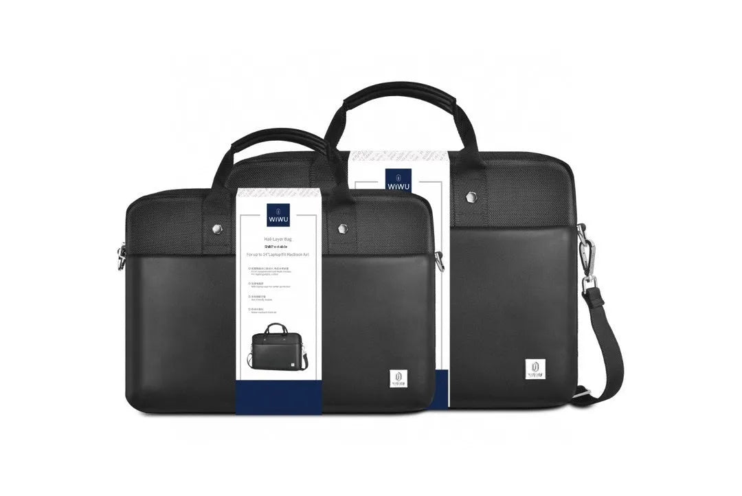 Black oxford cloth laptop handbag showing multiple internal pockets and a lock, suitable for a 14-inch or 15.6-inch computer.