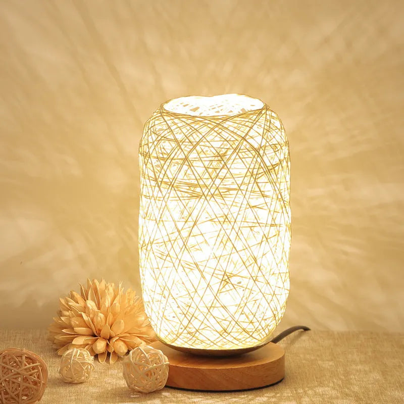 Wooden twine vine bal rechargeable bedside table lamp with warm LED light and beige, brown, optic linen, or blue lampshade.