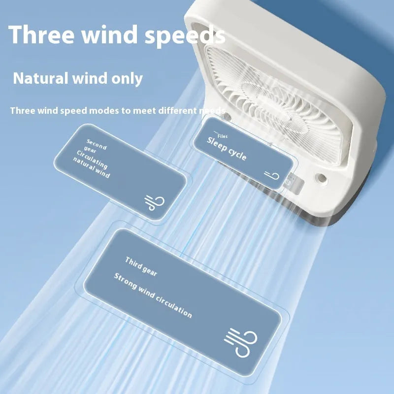 White USB rechargeable water-cooled air cooler fan with adjustable head and colour-changing lights
