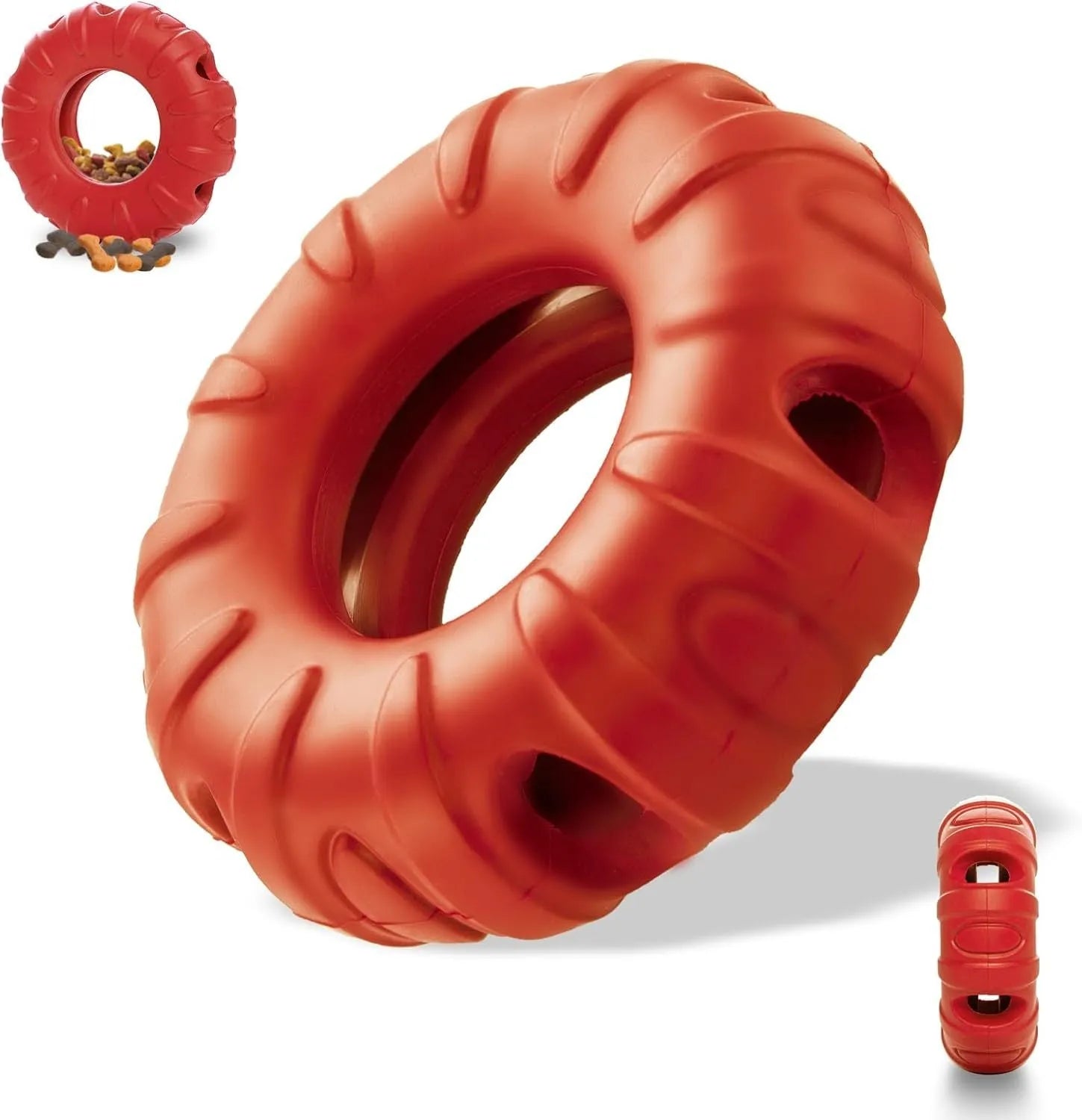 Blue rubber tyre-shaped dog chew toy with oval openings, shown as a slow feeder and interactive puzzle toy