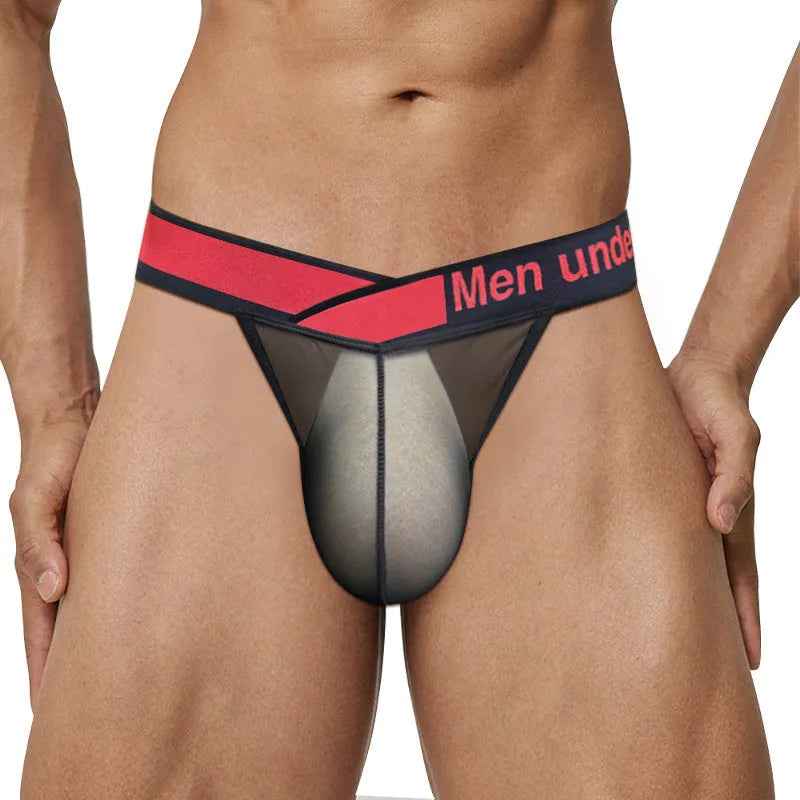 Men's transparent ice silk briefs in red, showing low waist and high-cut leg design.