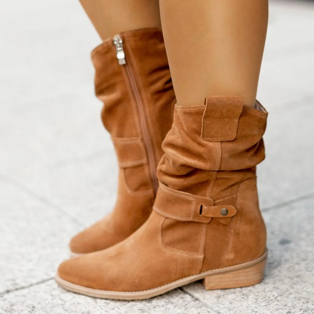 Women's suede mid-calf boots with pointed toe, square heel and side zip, shown in black, apricot and brown