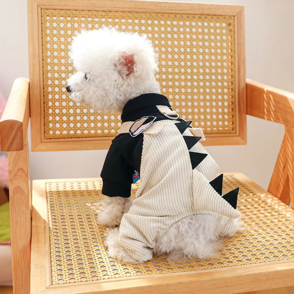 Khaki polyester dog clothing with suspender trousers and skirt, four-legged design, sizes XS to XL