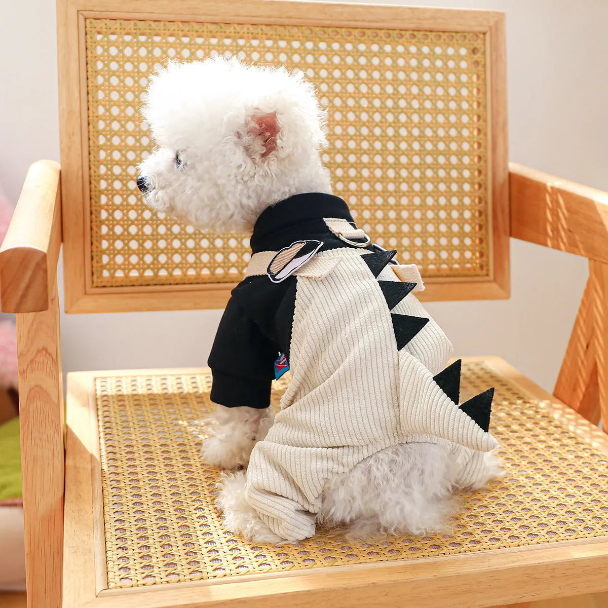 Khaki polyester dog clothing with suspender trousers and skirt, four-legged design, sizes XS to XL