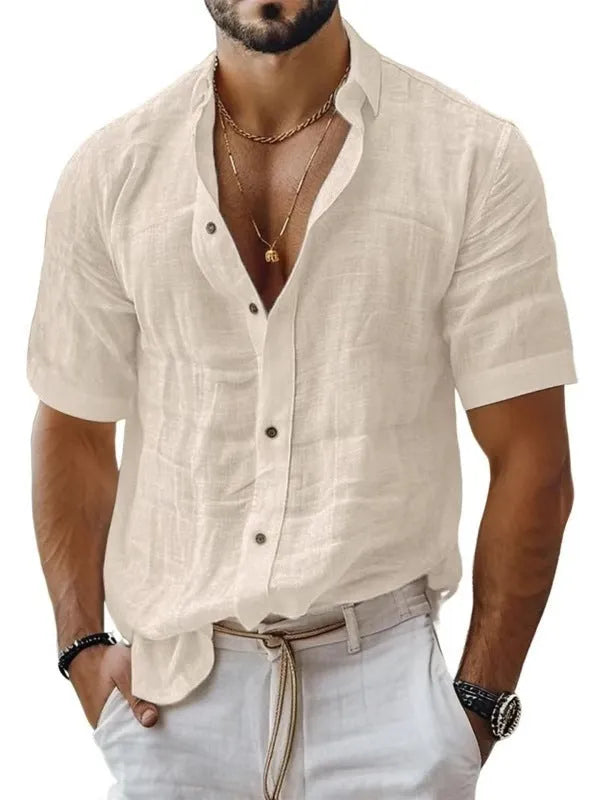 Men's short sleeve lapel shirt in blended cotton linen fabric shown in solid colour options