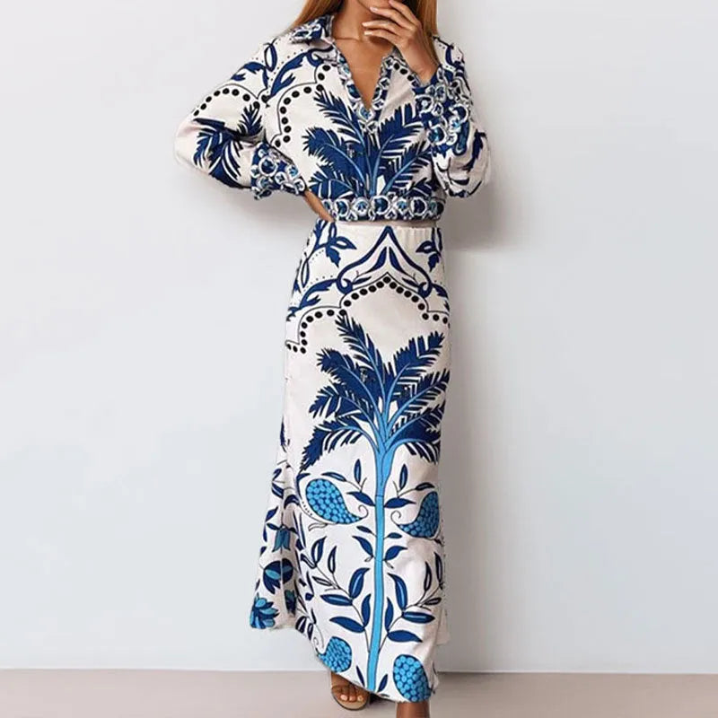 Women's floral print casual two-piece set with a long sleeve top and long skirt for early spring.