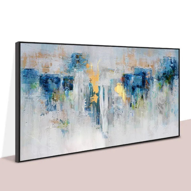 Handmade blue and gold abstract landscape oil painting on rolled unstretched canvas, one horizontal panel, unframed