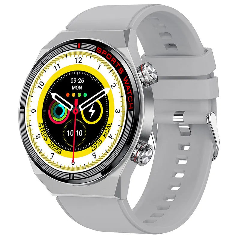 Rotary key Bluetooth smartwatch with touch screen on a genuine leather strap, showing call and fitness tracking interface.