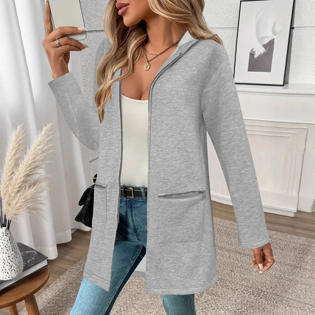 Women's loose fit mid-length cardigan coat in casual polyester fabric with pockets