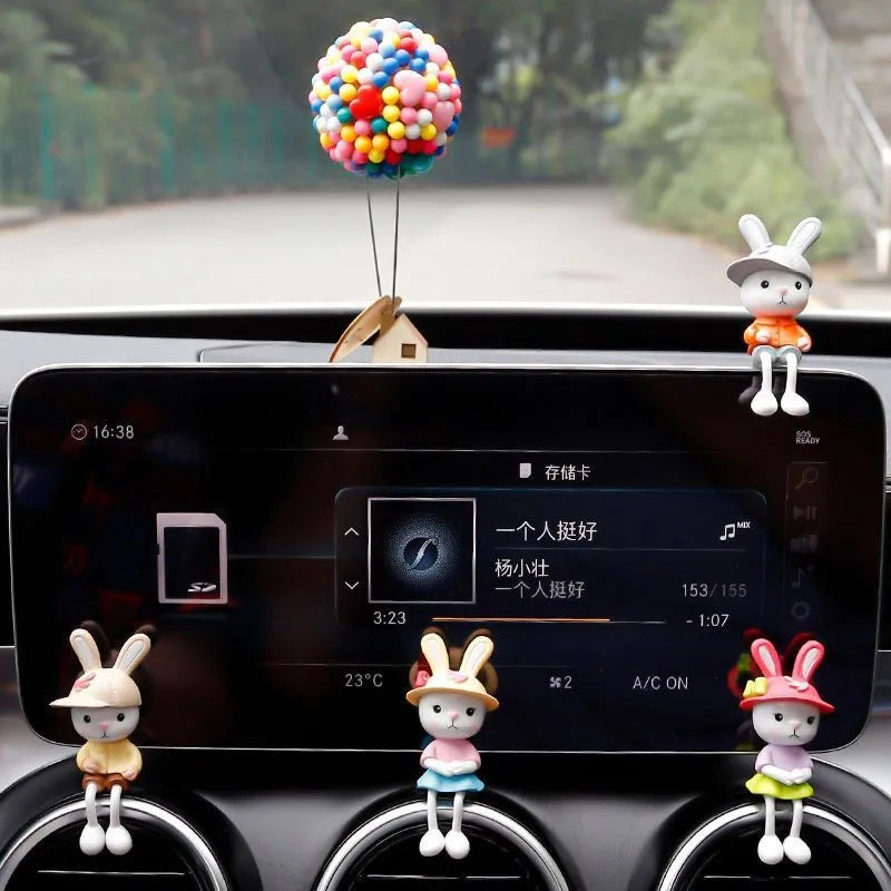 Cartoon rabbit car decoration set with four sitting rabbit figures in plain, pink flower, colourful balloon or travel balloon style
