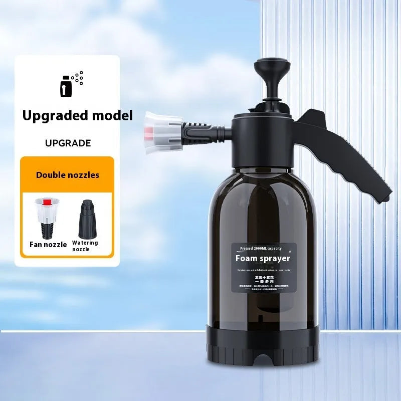 Black 2L foam watering can sprayer with ergonomic handle and two nozzles for car washing and gardening