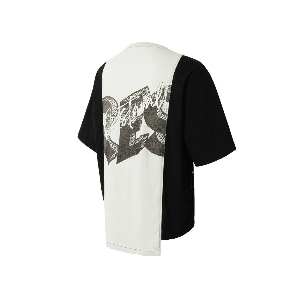Black and white deconstruction printed cotton blend T-shirt with loose fit and streetwear styling