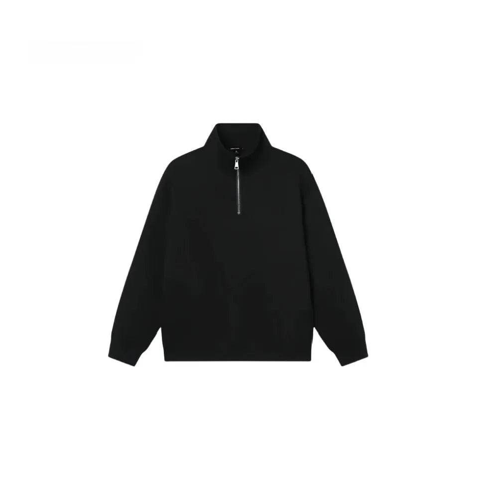 Grey half zipped stand collar cotton sweater hoodie for men and women on a hanger