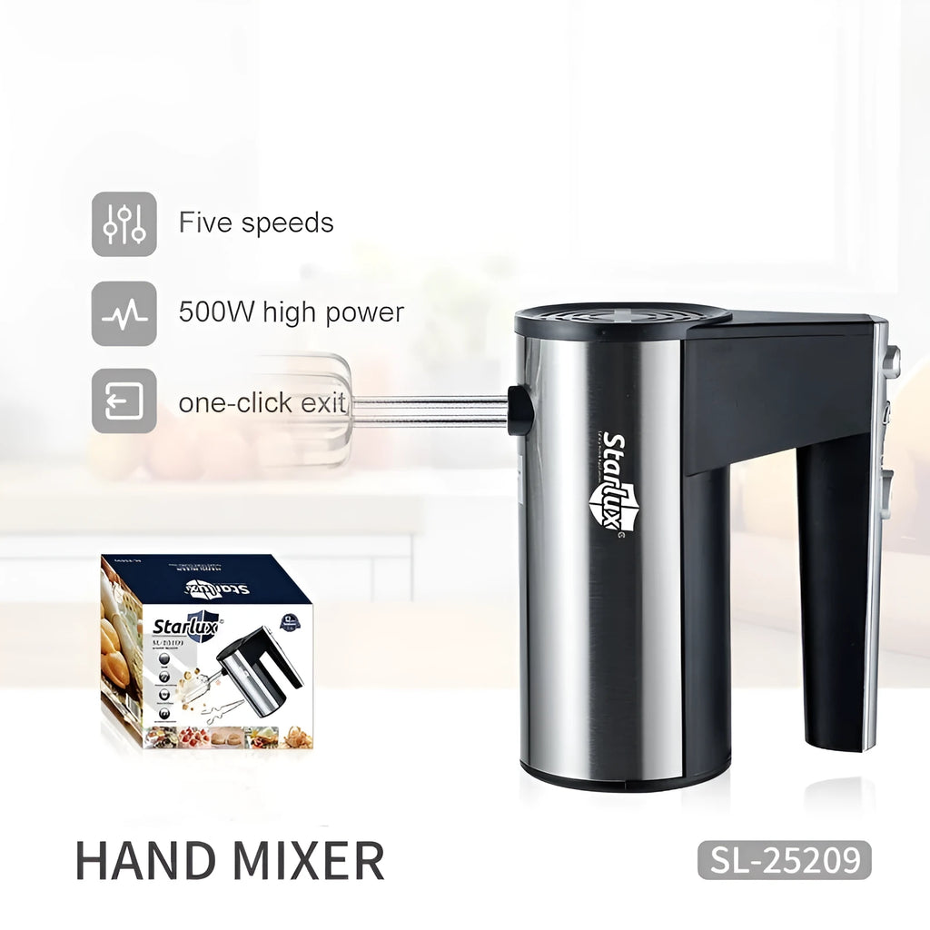 White electric hand mixer with five speed settings and metal beaters for baking
