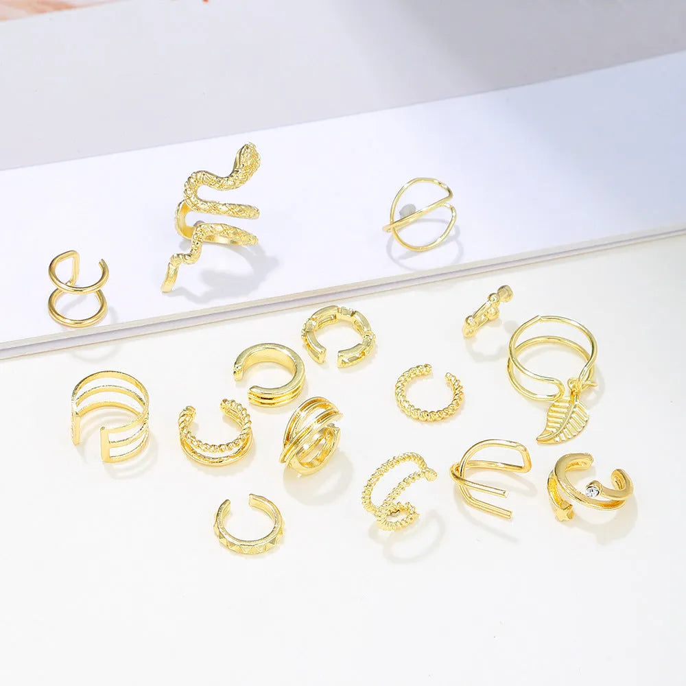 15-piece gold metal clip-on earring set with geometric round and ring shapes