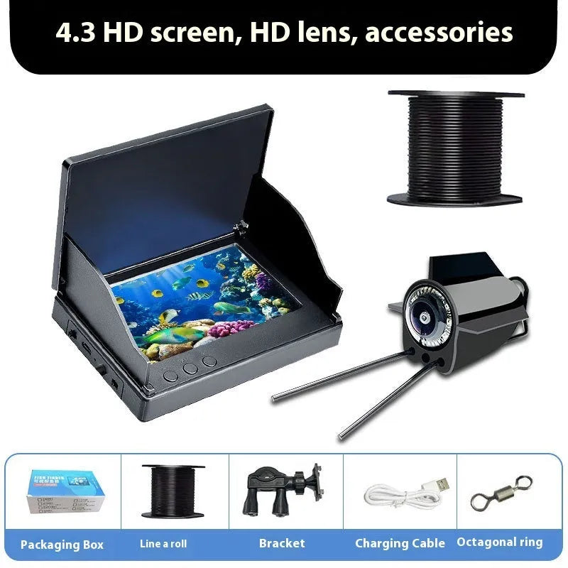 Underwater fish finder HD camera with 4.3-inch screen, showing a video feed of fish and aquatic plants.