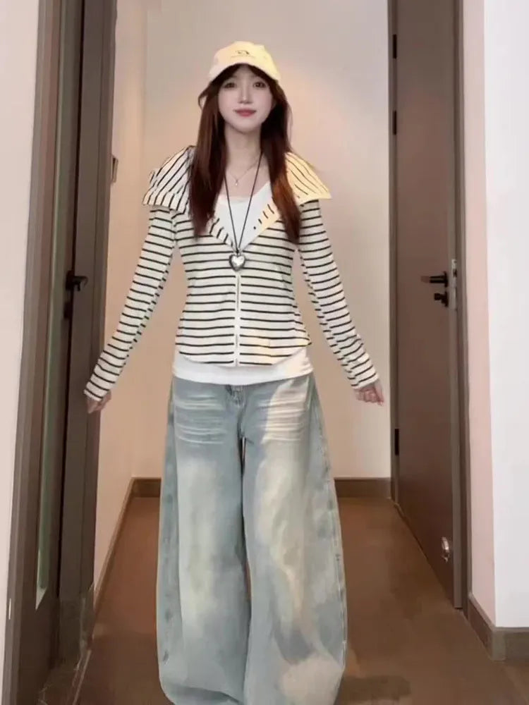 Women's striped hoodie coat with drawstring style and regular sleeve