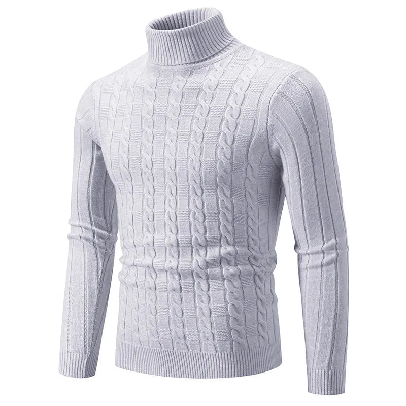 Man wearing a milky white slim fit chenille turtleneck pullover with a twist design detail