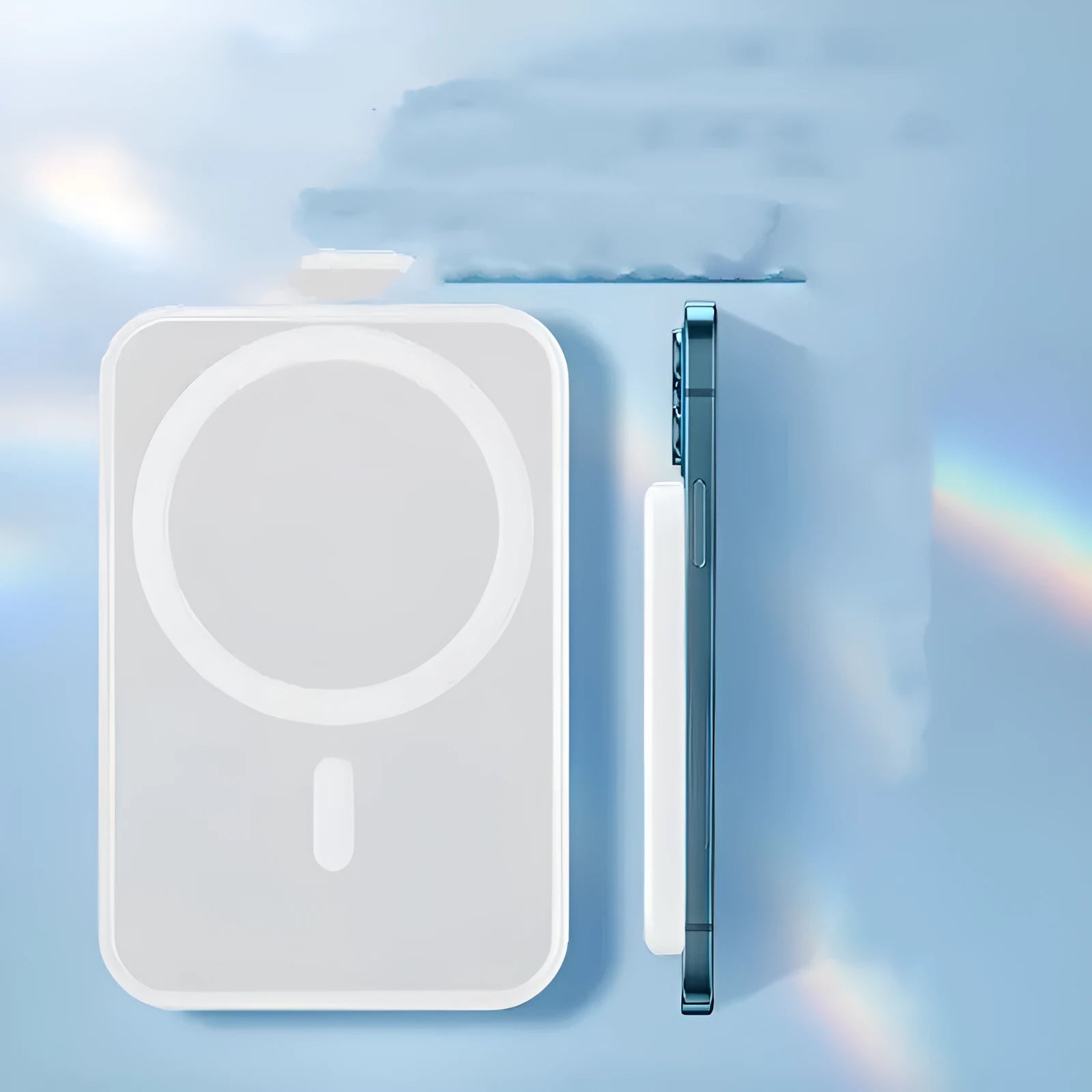 Compact magnetic wireless power bank with 5000mAh capacity in white PVC housing