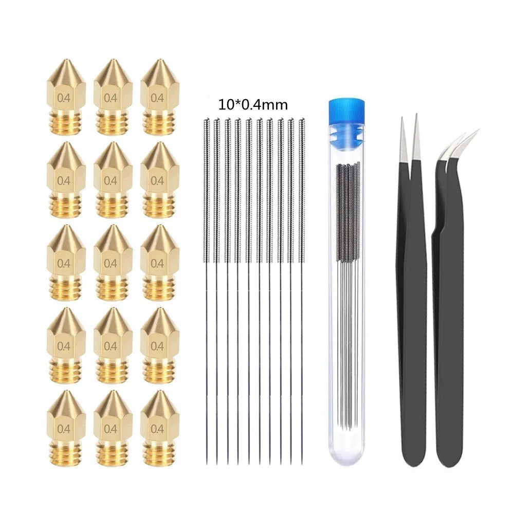 MK8 brass 3D printer nozzle and stainless steel cleaning pin set on a white background.