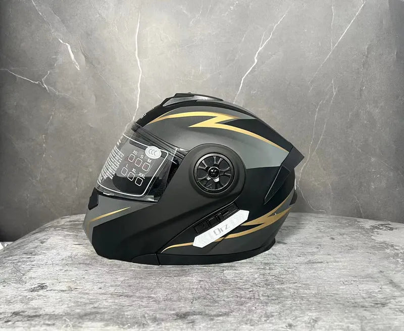 Matte black full face battery helmet for adults in sizes S M L XL on a white background.