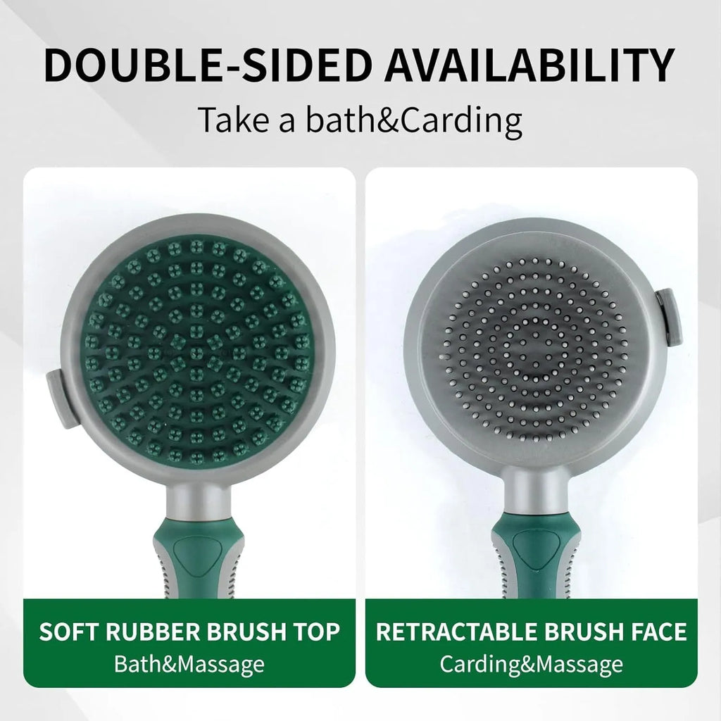 Green and pink dual-sided cat and dog brush with slicker comb and silicone massage head.