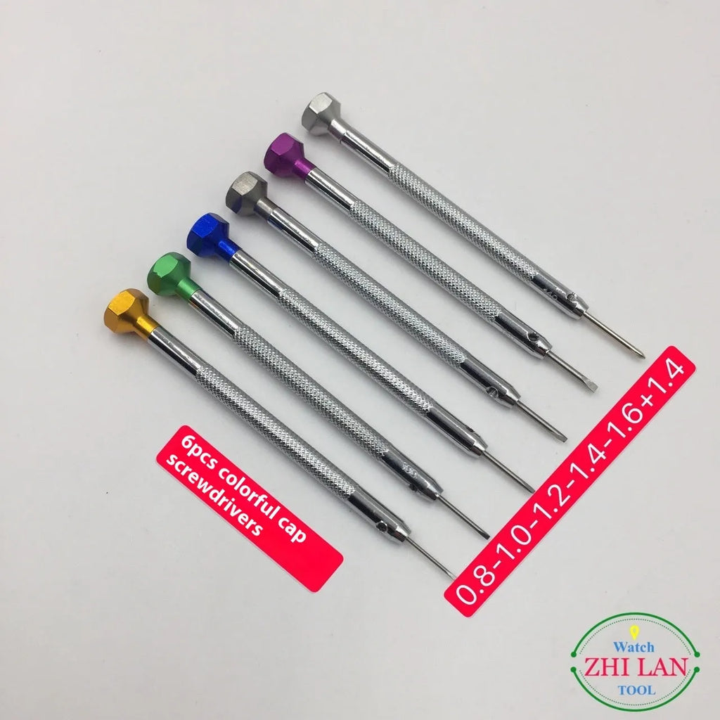 Set of six colour-coded watch repair screwdrivers with aluminium handles and a separate metre tool.