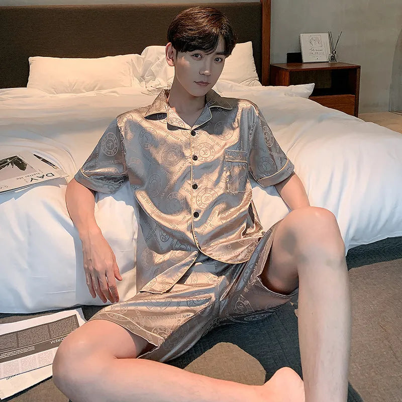 Men's ice silk summer pajama suit in loose fit, short sleeve top and shorts, plus size L to XXXL