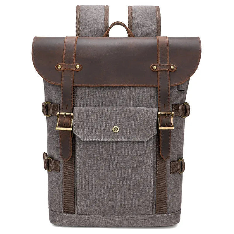 Army Green canvas computer backpack with crazy horse leather detailing and USB charging port