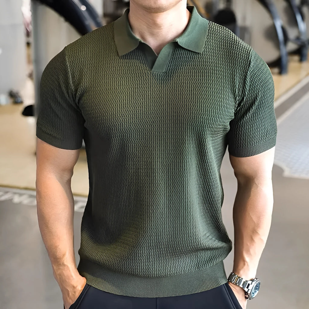 Men's slim fit polo shirt with a button Henry collar in a solid colour.